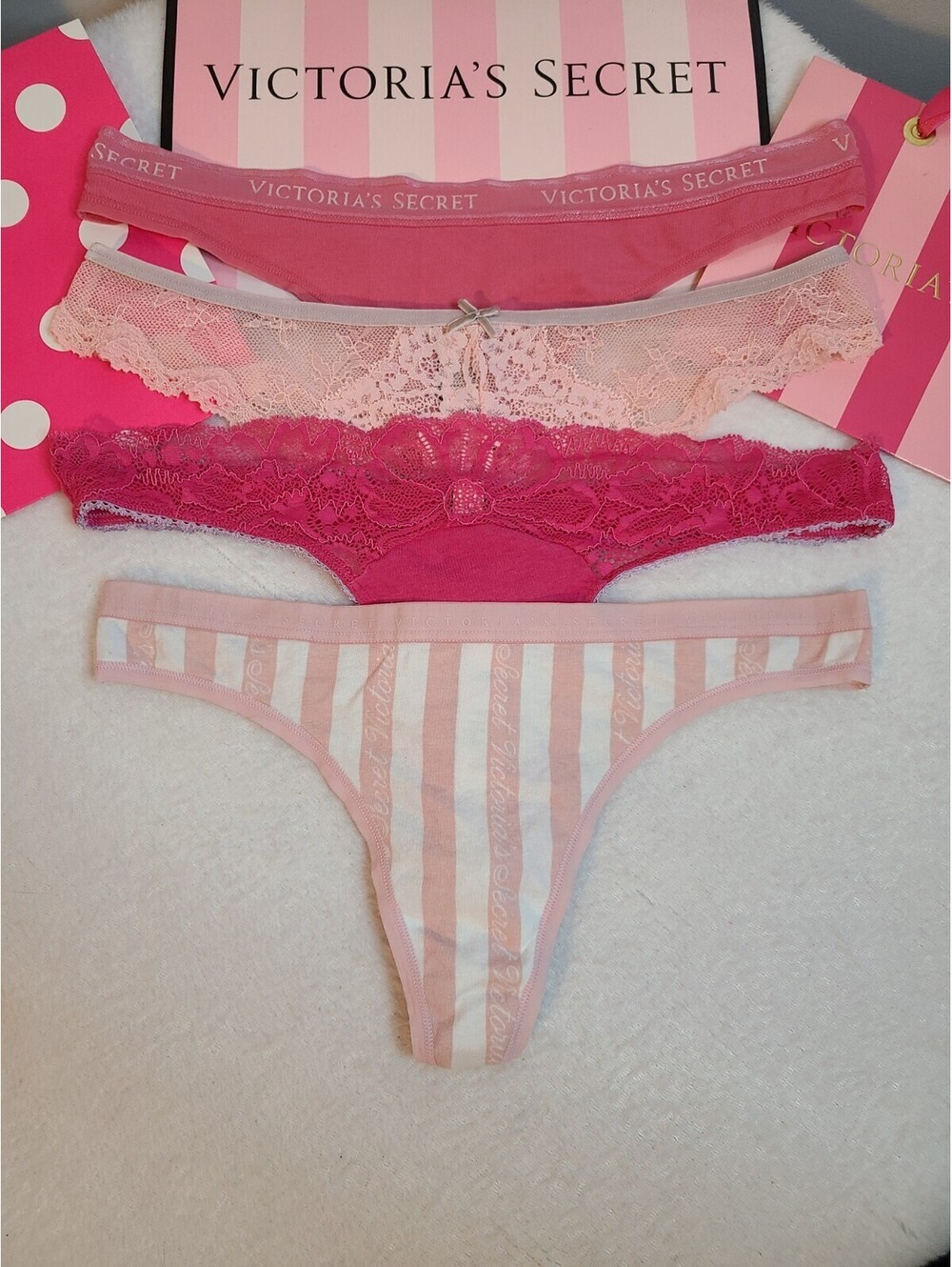 Retired Y2K Victoria's Secret 4pk Assorted Cotton Lace Thongs Size M Pink